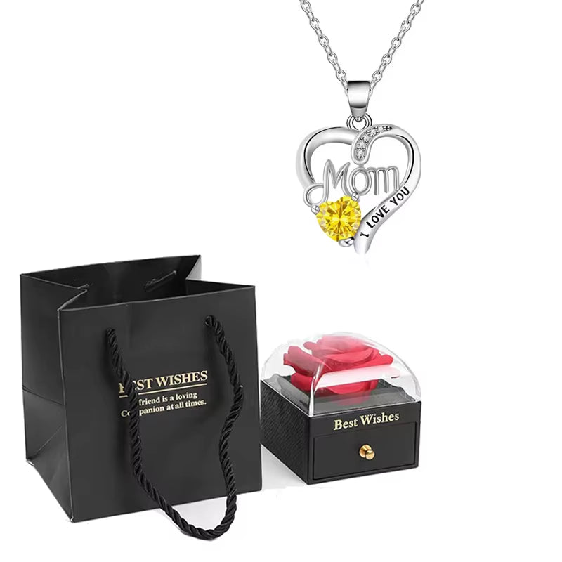 Birthstone Heart Pendant Necklace for Women with Rose Gift Box Stainless Steel Chain Fashion Jewelry Birthday Mom Christmas