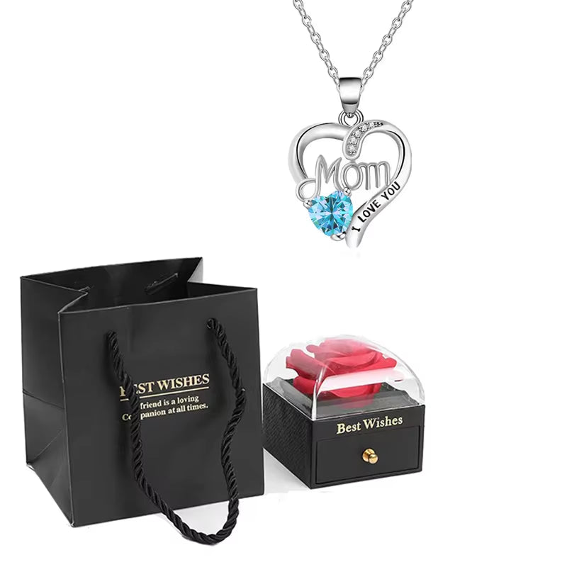 Birthstone Heart Pendant Necklace for Women with Rose Gift Box Stainless Steel Chain Fashion Jewelry Birthday Mom Christmas