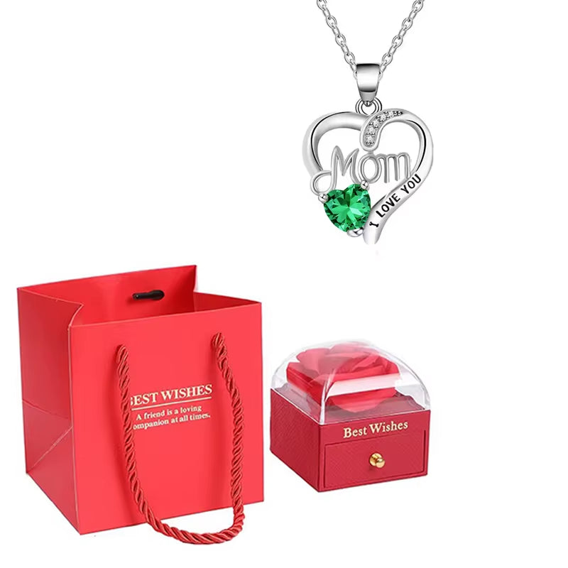 Birthstone Heart Pendant Necklace for Women with Rose Gift Box Stainless Steel Chain Fashion Jewelry Birthday Mom Christmas